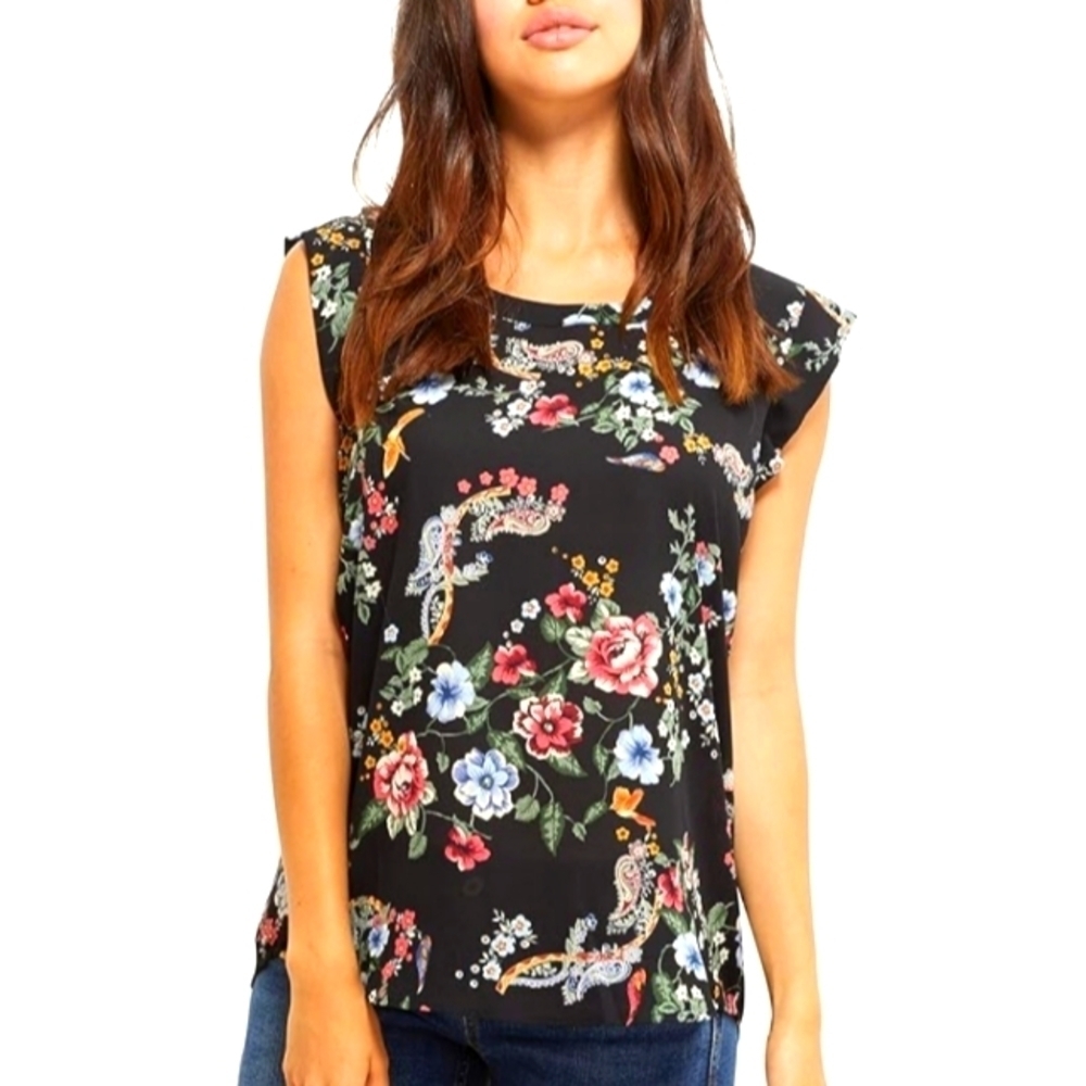 PLEIONE BLACK FLORAL WOMENS TOP SIZE SMALL
